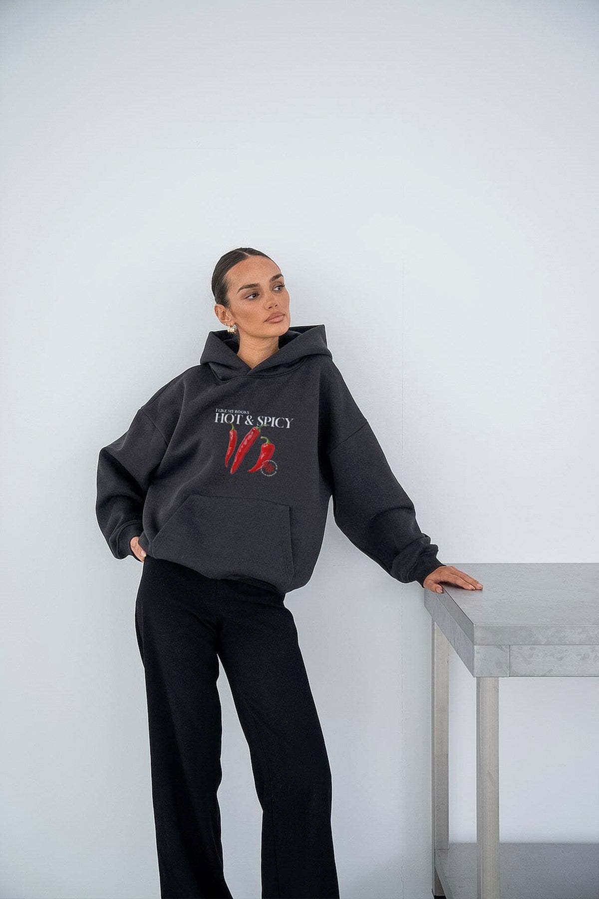 Kadın Oversize Sweatshirt Hoodie Hot & Spicy Baskılı Füme – Kapüşonlu, 3 İplik Şardonlu Polar