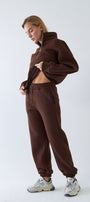 Unisex Oversize Eşofman Takımı Basic Kahverengi – Fermuarlı Dik Yaka, Lastikli Paça, 3 İplik Polar
