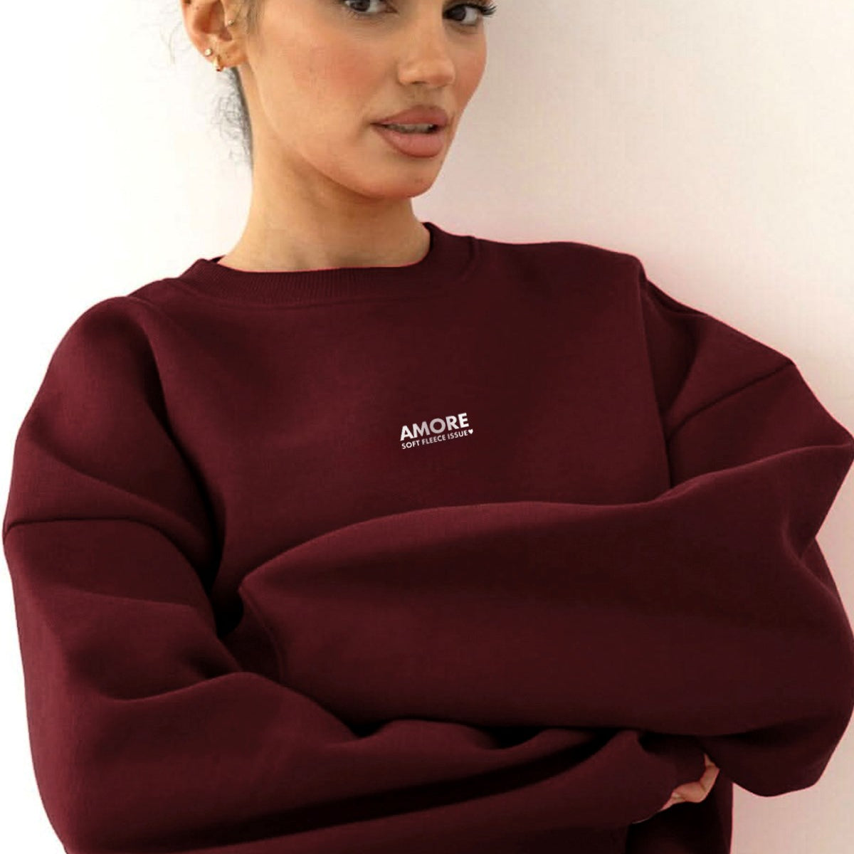Kadın Oversize Sweatshirt AMORE Bordo – Bisiklet Yaka, 3 İplik Şardounlu Polar