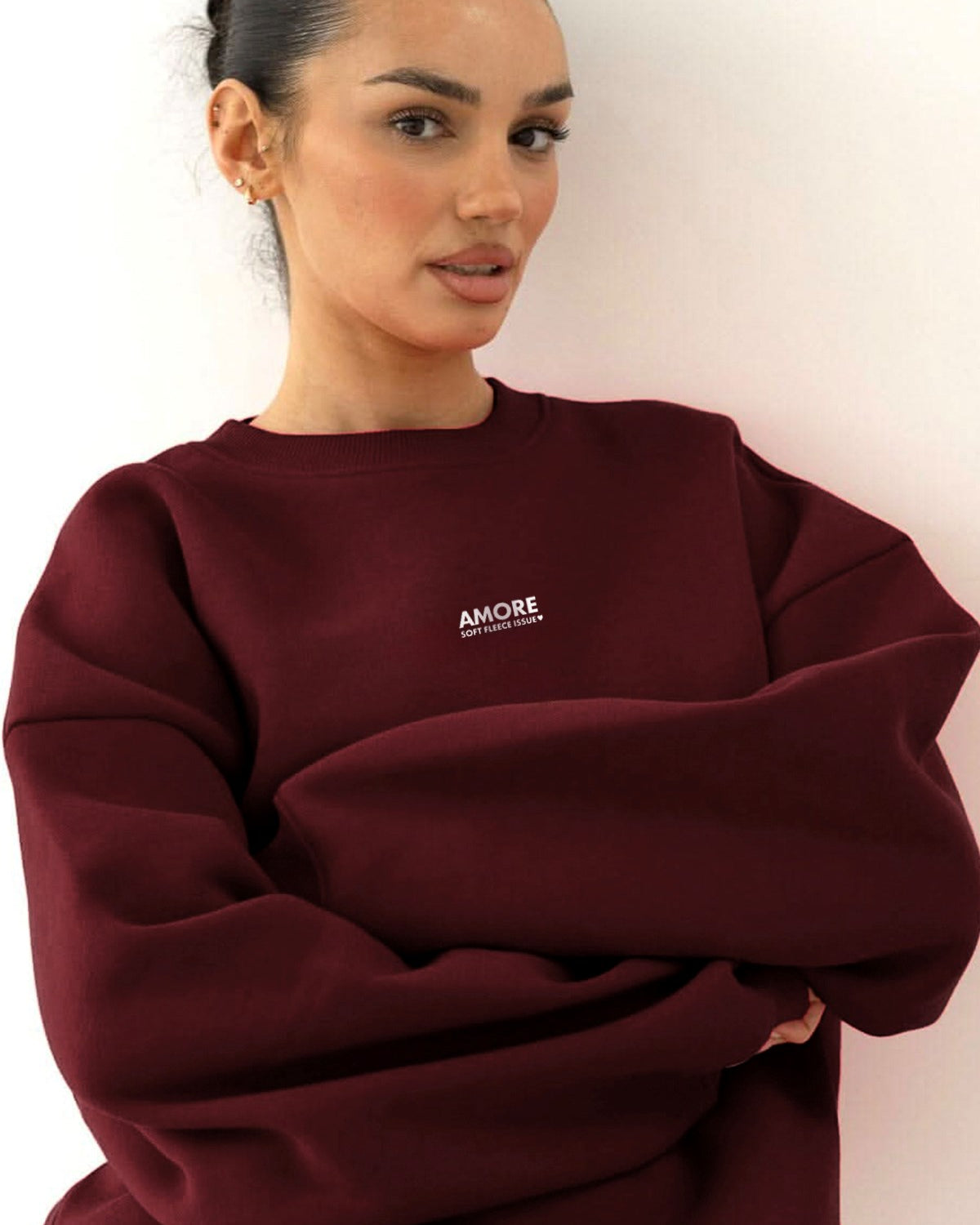 Kadın Oversize Sweatshirt AMORE Bordo – Bisiklet Yaka, 3 İplik Şardounlu Polar