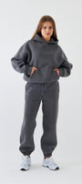 Oversize Unisex Sweatshirt Hoodie Füme Melanj – Kapüşonlu, 3 İplik Şardonlu Polar, Kanguru Cepli, Basic