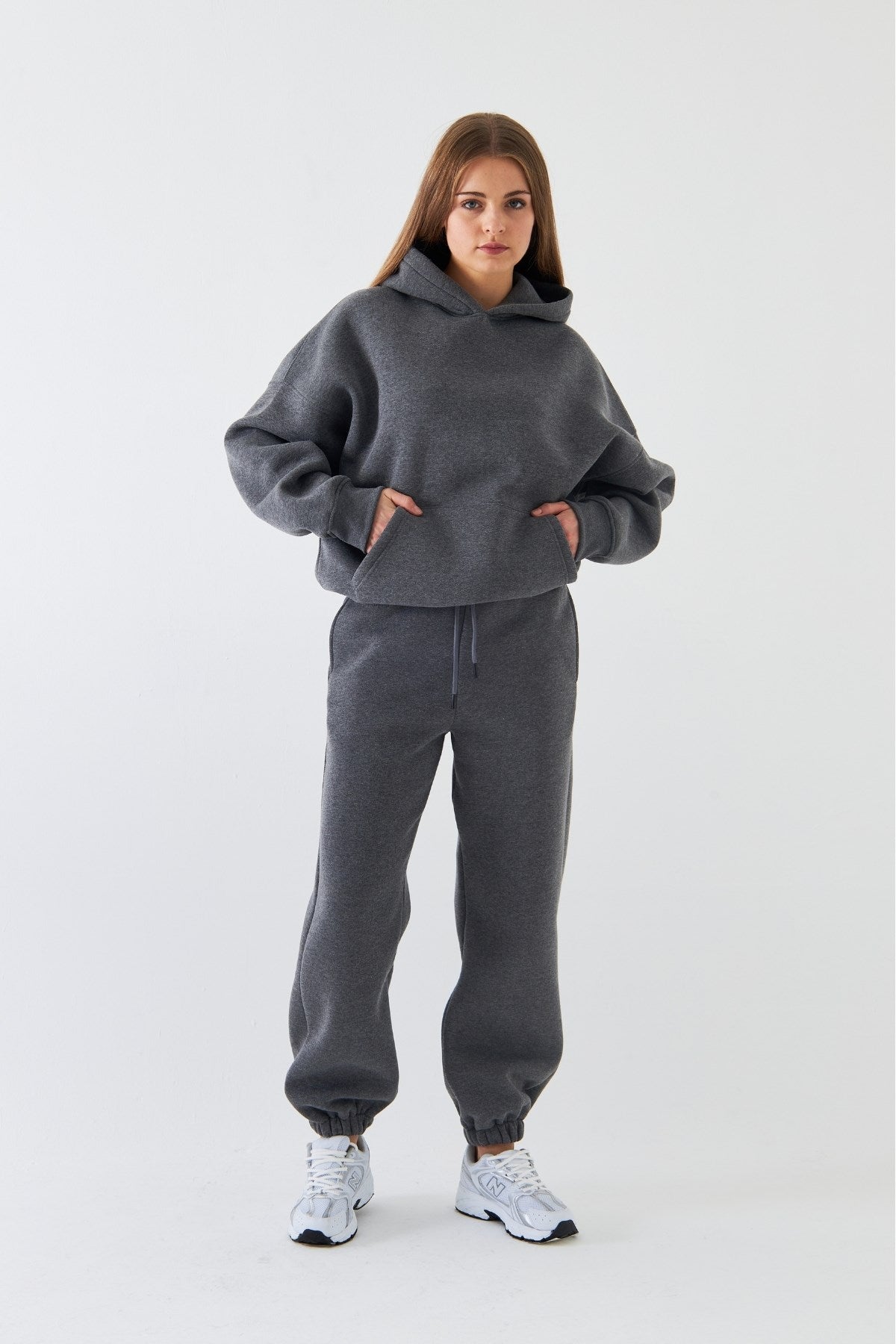 Oversize Unisex Sweatshirt Hoodie Füme Melanj – Kapüşonlu, 3 İplik Şardonlu Polar, Kanguru Cepli, Basic