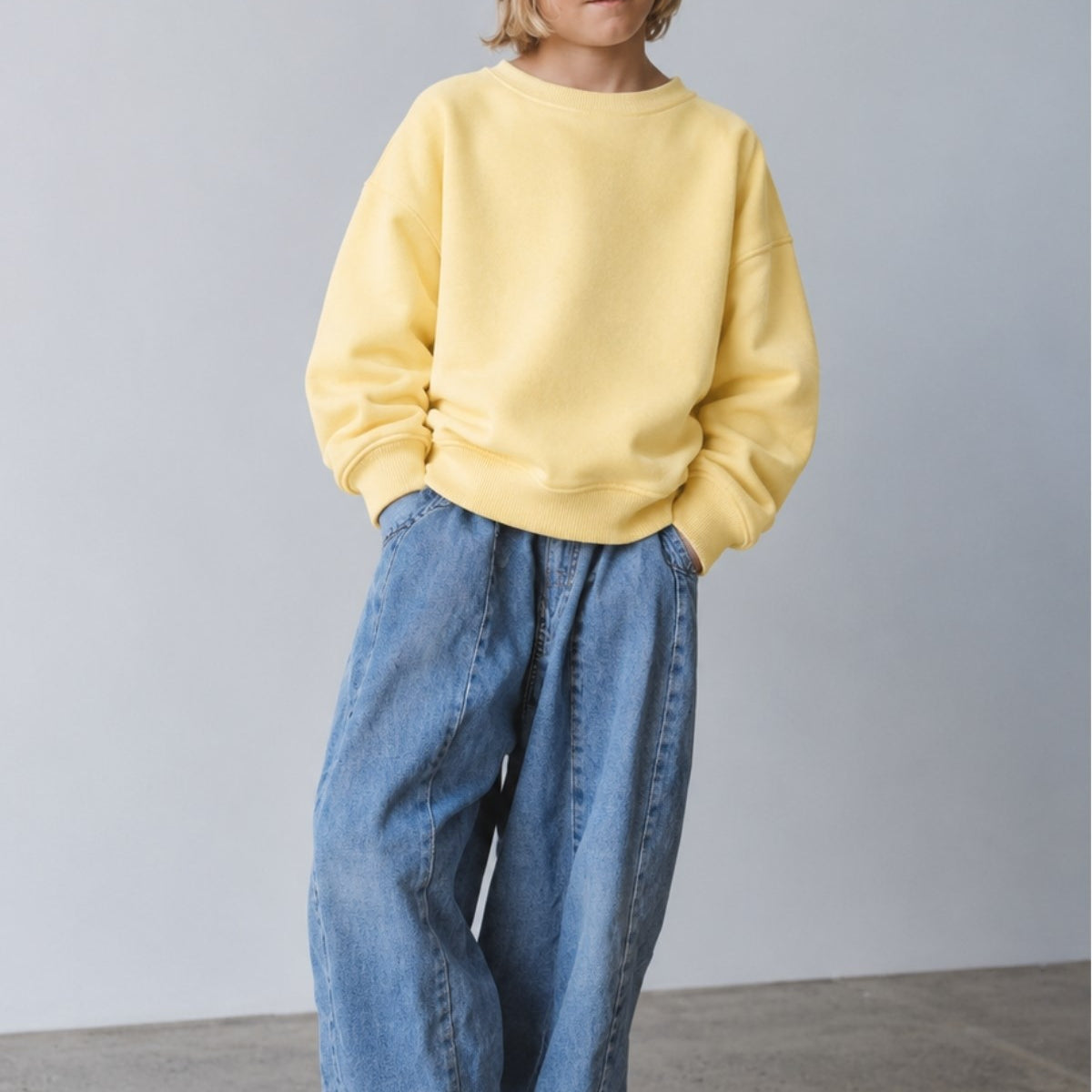 Erkek Çocuk Oversize Sweatshirt Basic Sarı – Bisiklet yaka, 3 iplik şardonlu polar