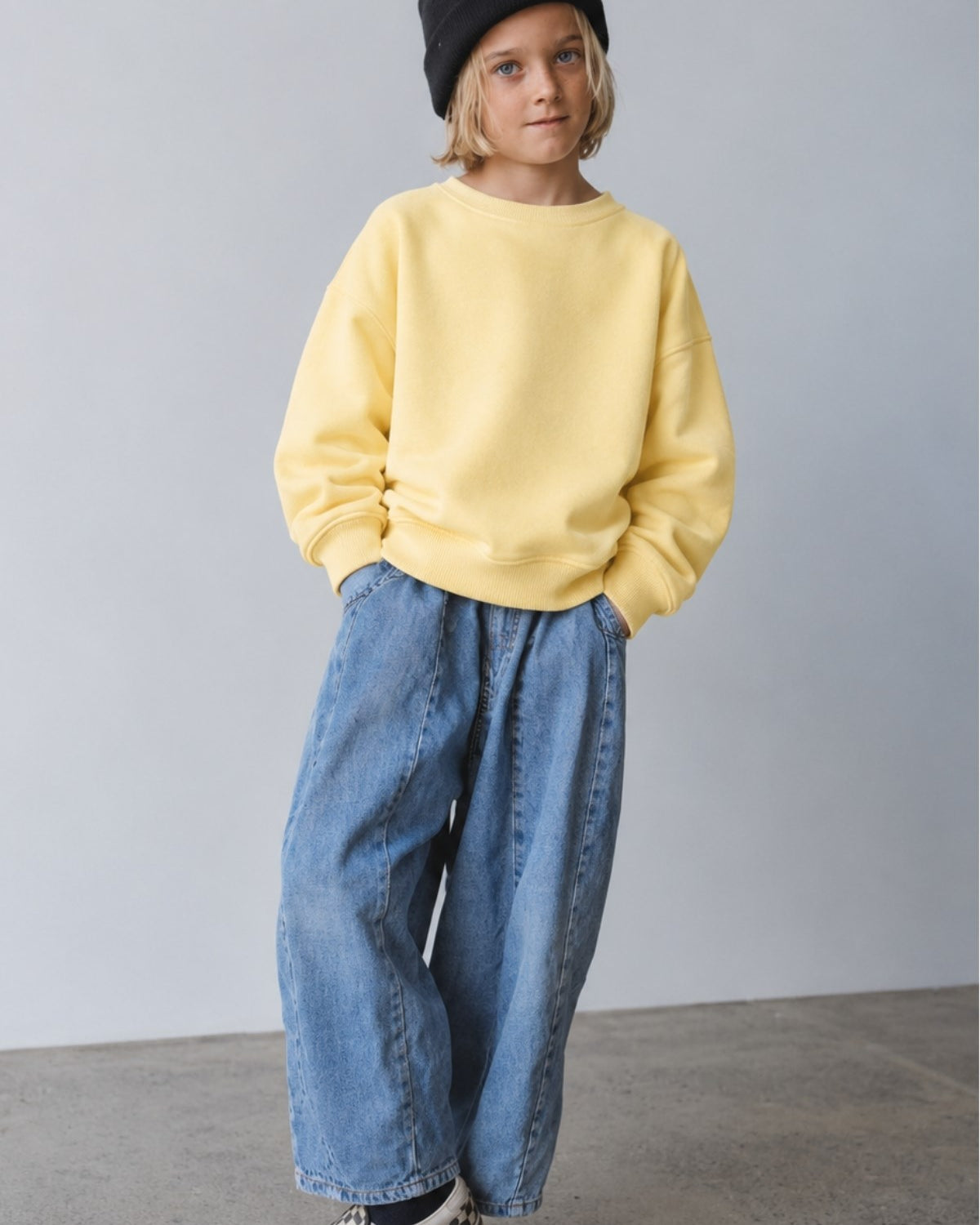 Erkek Çocuk Oversize Sweatshirt Basic Sarı – Bisiklet yaka, 3 iplik şardonlu polar