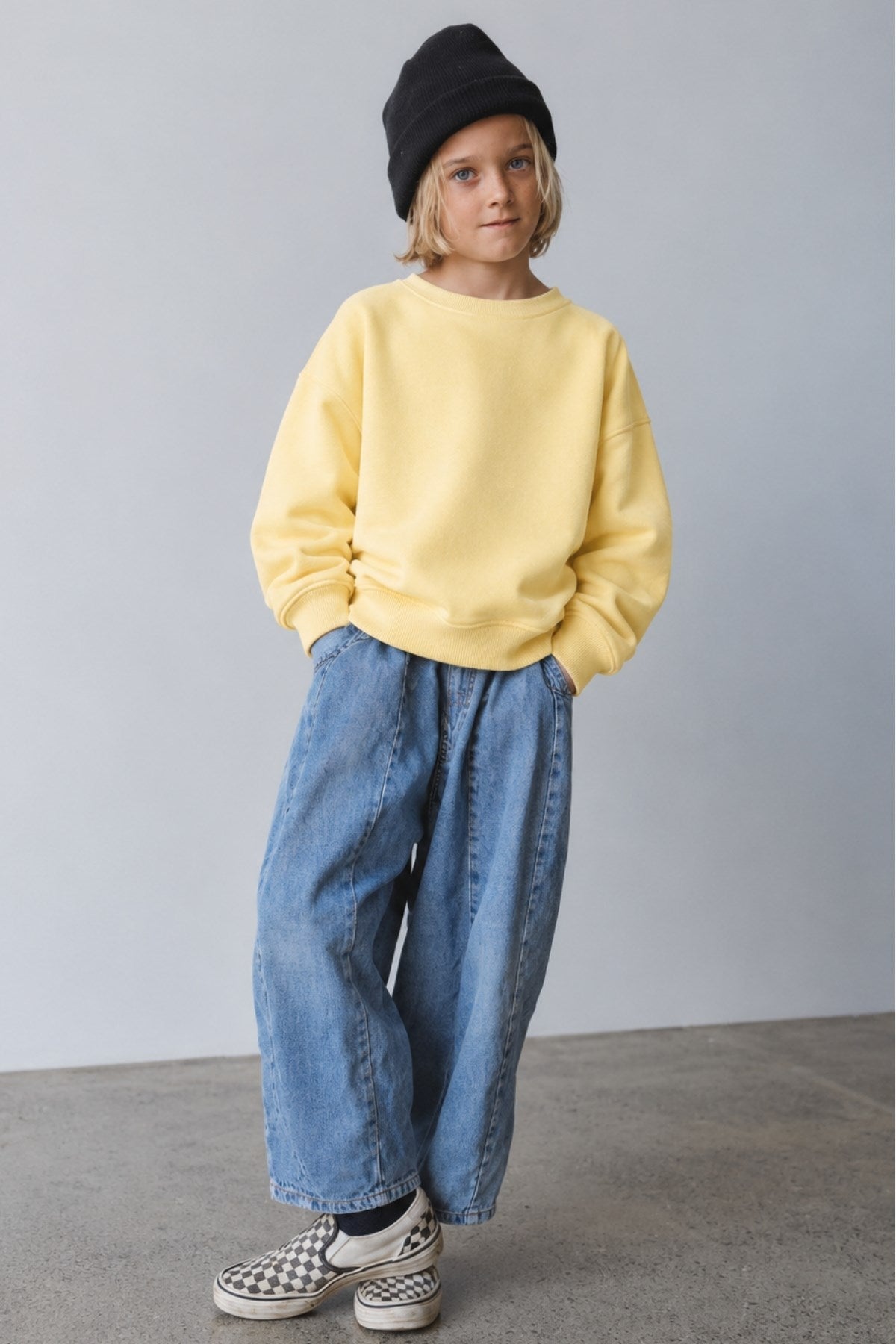 Erkek Çocuk Oversize Sweatshirt Basic Sarı – Bisiklet yaka, 3 iplik şardonlu polar