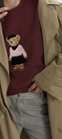 Kadın Oversize Sweatshirt Ballerina Bear Baskılı Bordo – Bisiklet Yaka, 3 İplik Şardonlu Polar