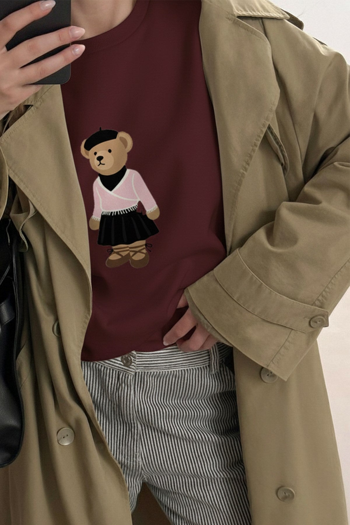 Kadın Oversize Sweatshirt Ballerina Bear Baskılı Bordo – Bisiklet Yaka, 3 İplik Şardonlu Polar