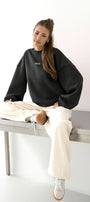 Kadın Oversize Sweatshirt AMORE Füme – Bisiklet Yaka, 3 İplik Şardounlu Polar