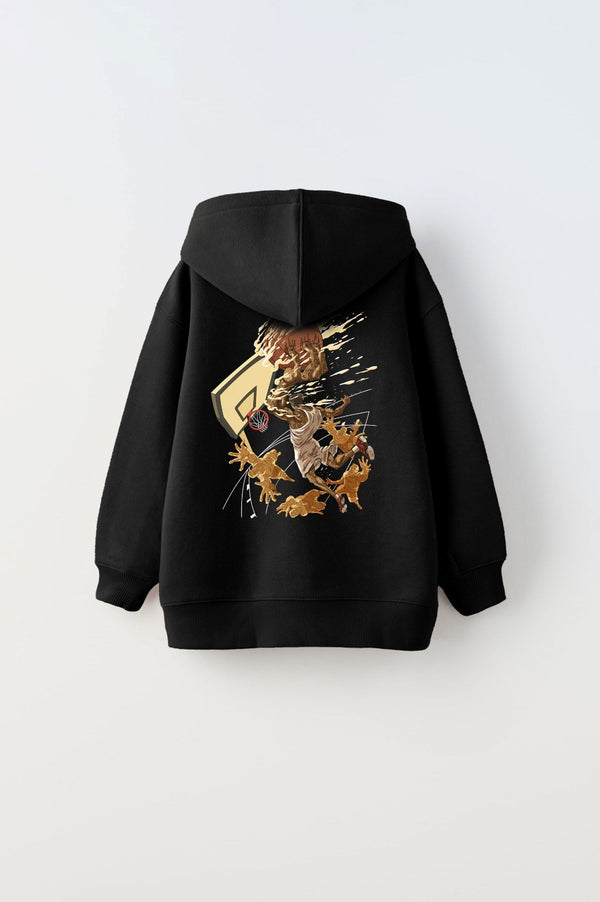 Kapüşonlu İçi Polar Basketbol Baskılı Siyah Unisex Çocuk Sweatshirt