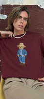 Kadın Oversize Sweatshirt Ranch Bear Baskılı Bordo – Bisiklet Yaka, 3 İplik Şardonlu Polar