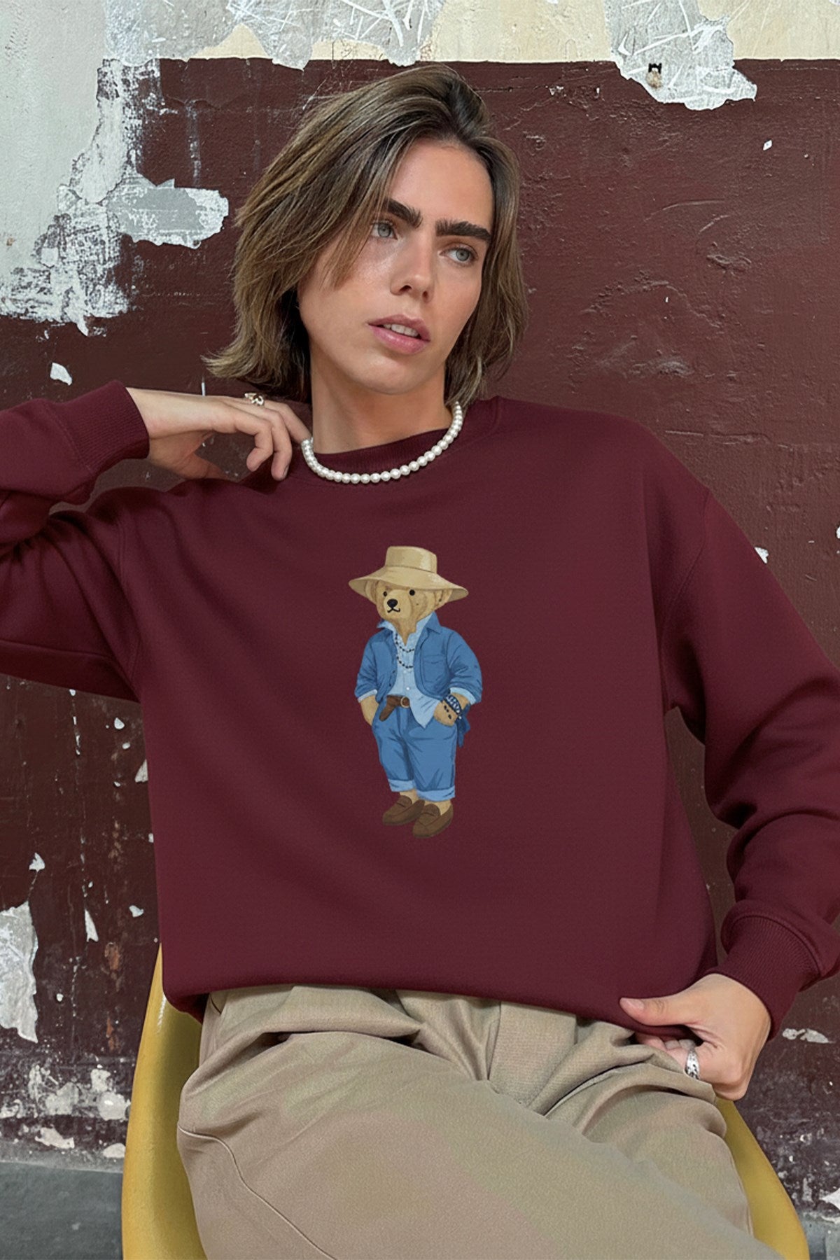 Kadın Oversize Sweatshirt Ranch Bear Baskılı Bordo – Bisiklet Yaka, 3 İplik Şardonlu Polar