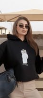 Kadın Oversize Sweatshirt Hoodie Qatari Bear White Siyah – Kapüşonlu, 3 İplik Polar, Kanguru Cepli