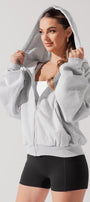 Kadın Gri Oversize Fermuarlı Kapüşonlu Sweatshirt 3 İplik Şardonlu Kumaş