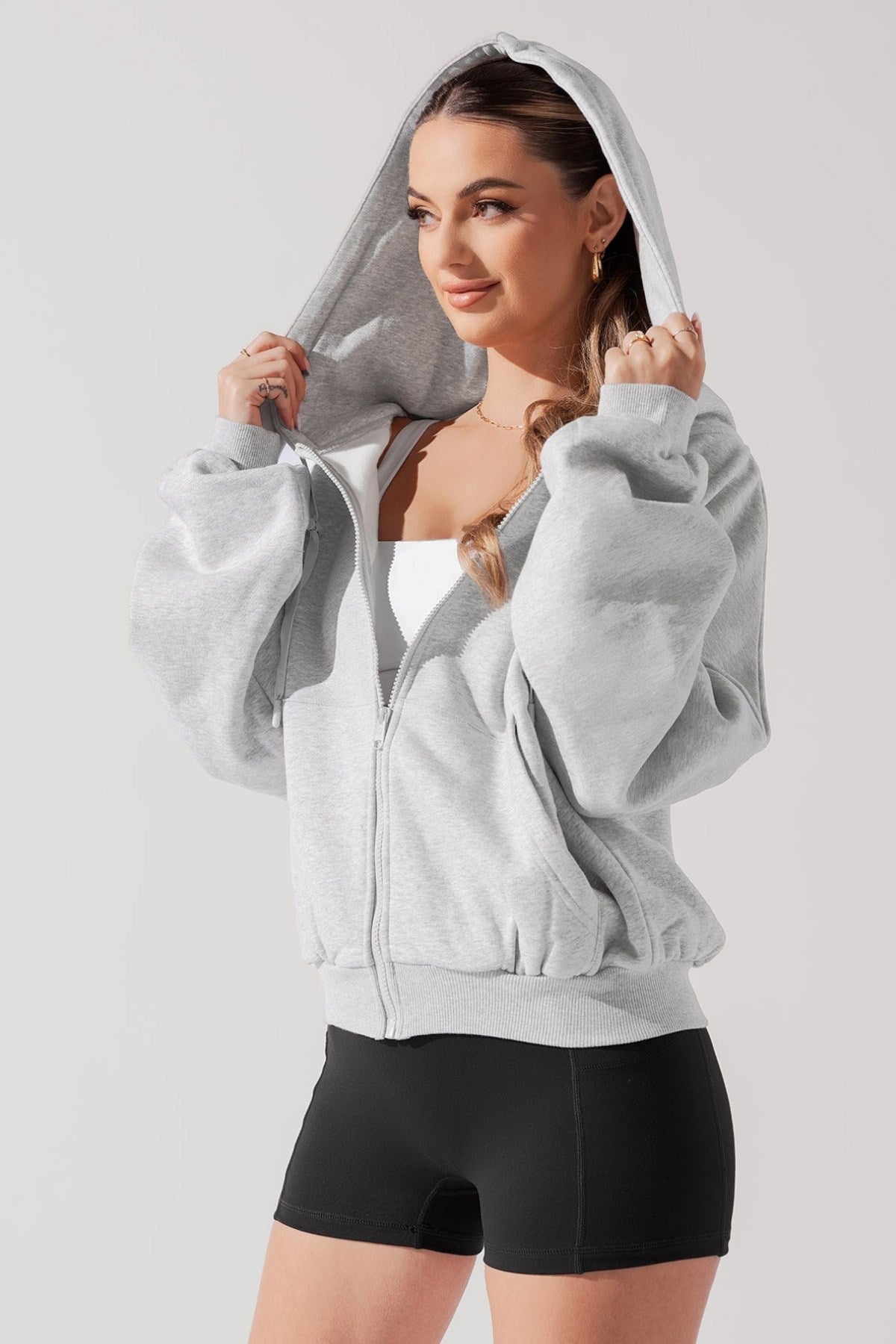 Kadın Gri Oversize Fermuarlı Kapüşonlu Sweatshirt 3 İplik Şardonlu Kumaş
