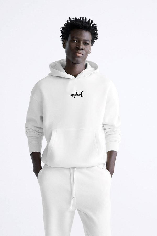 Kapüşonlu İçi Polar Shark Baskılı Beyaz Oversize Hoodie Sweatshirt