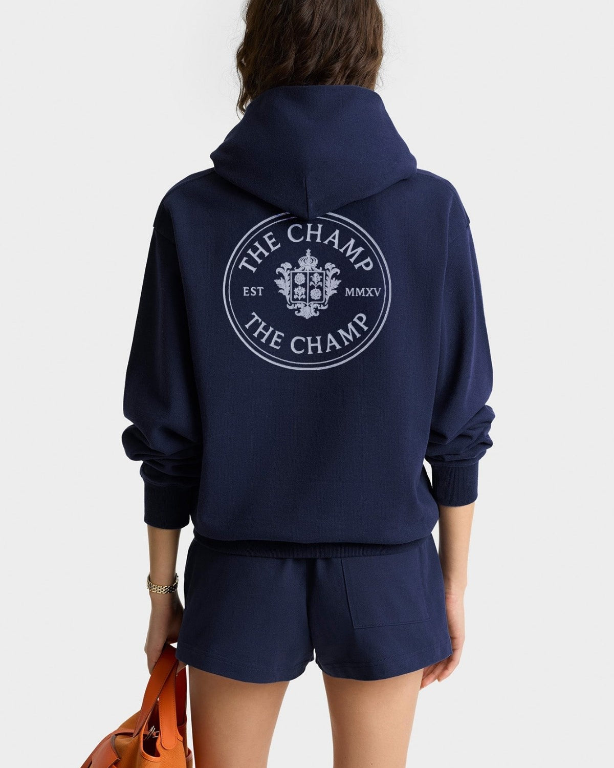 Unisex Lacivert Kapüşonlu Sweatshirt – The Champ Armalı, 3 İplik Şardonlu, Şehir ve Kolej Stili