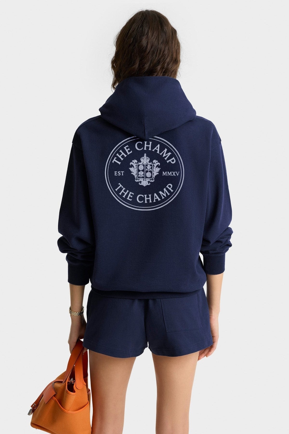 Unisex Lacivert Kapüşonlu Sweatshirt – The Champ Armalı, 3 İplik Şardonlu, Şehir ve Kolej Stili