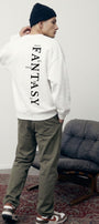 Erkek Oversize Sweatshirt Fantasy Back Baskılı Beyaz – Bisiklet Yaka, 3 İplik Şardonlu Polar