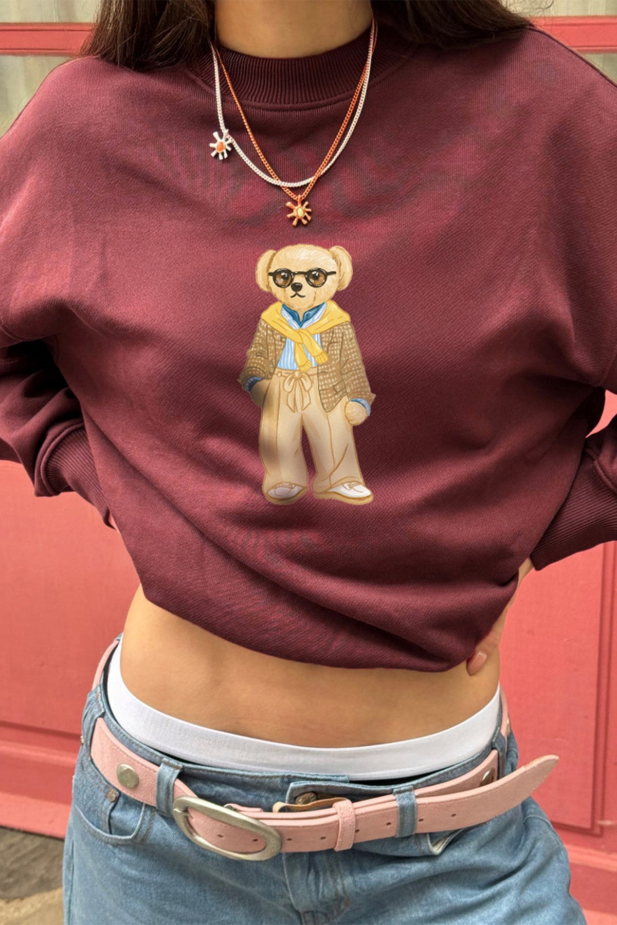 Kadın Oversize Sweatshirt Gentleman Bear Baskılı Bordo – Bisiklet Yaka, 3 İplik Şardonlu