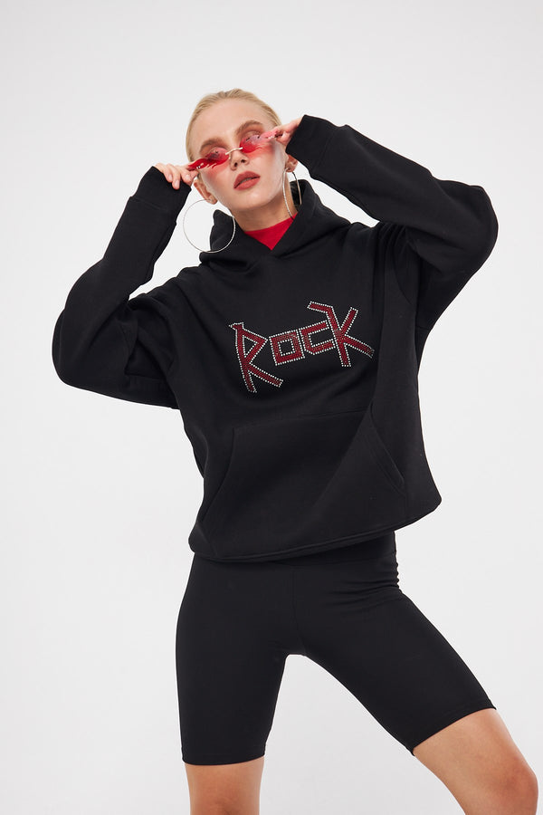 Kapüşonlu İçi Polar Rock Yazılı Taş Baskılı Siyah Oversize Hoodie Sweatshirt