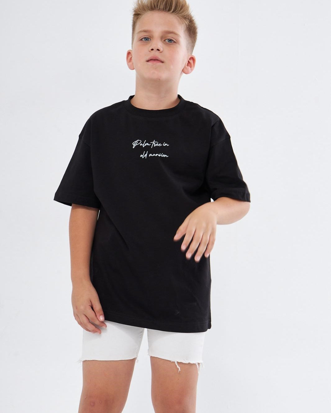 Bisiklet Yaka Palmiye Baskılı Siyah Çocuk T-shirt
