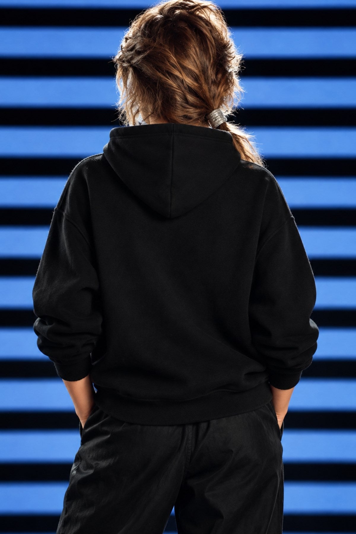 Kadın Oversize Hoodie Seventies Party Baskılı Siyah - Kapüşonlu, Kanguru Cepli, 3 İplik Polar