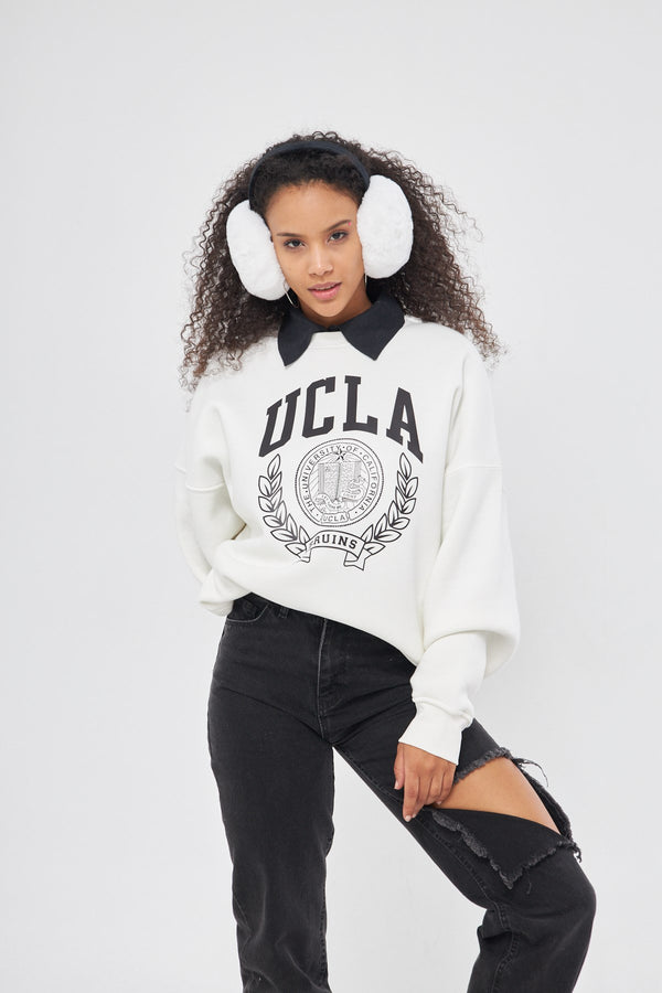 Ucla Yazı Baskılı Bisiklet Yaka İçi Polar Oversize Kesim Unisex Beyaz Sweatshirt