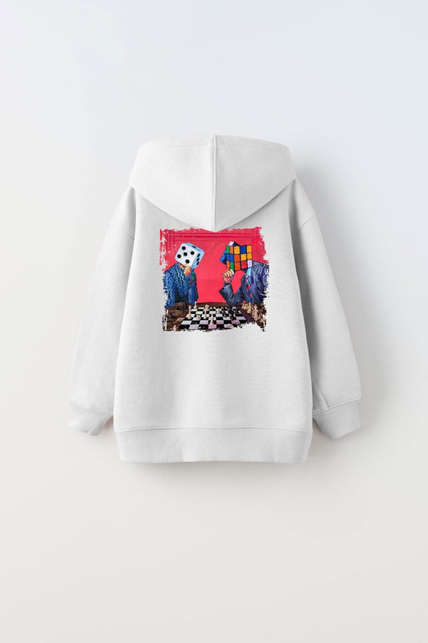 Kapüşonlu İçi Polar Satranç Baskılı Beyaz Unisex Çocuk Hoodie Sweatshirt