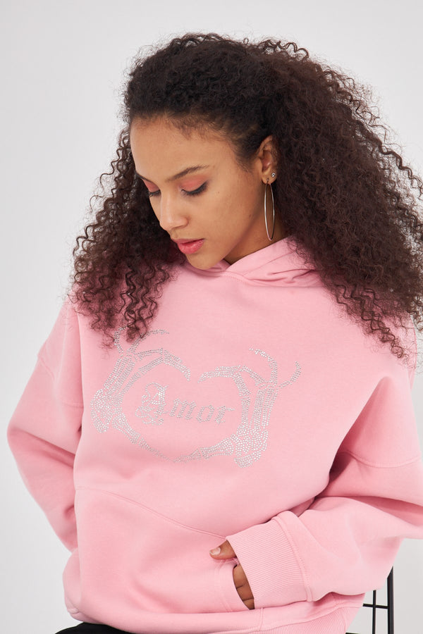 Amor Yazılı Taş Baskılı Kapüşonlu İçi Polar Oversize Pembe Sweatshirt