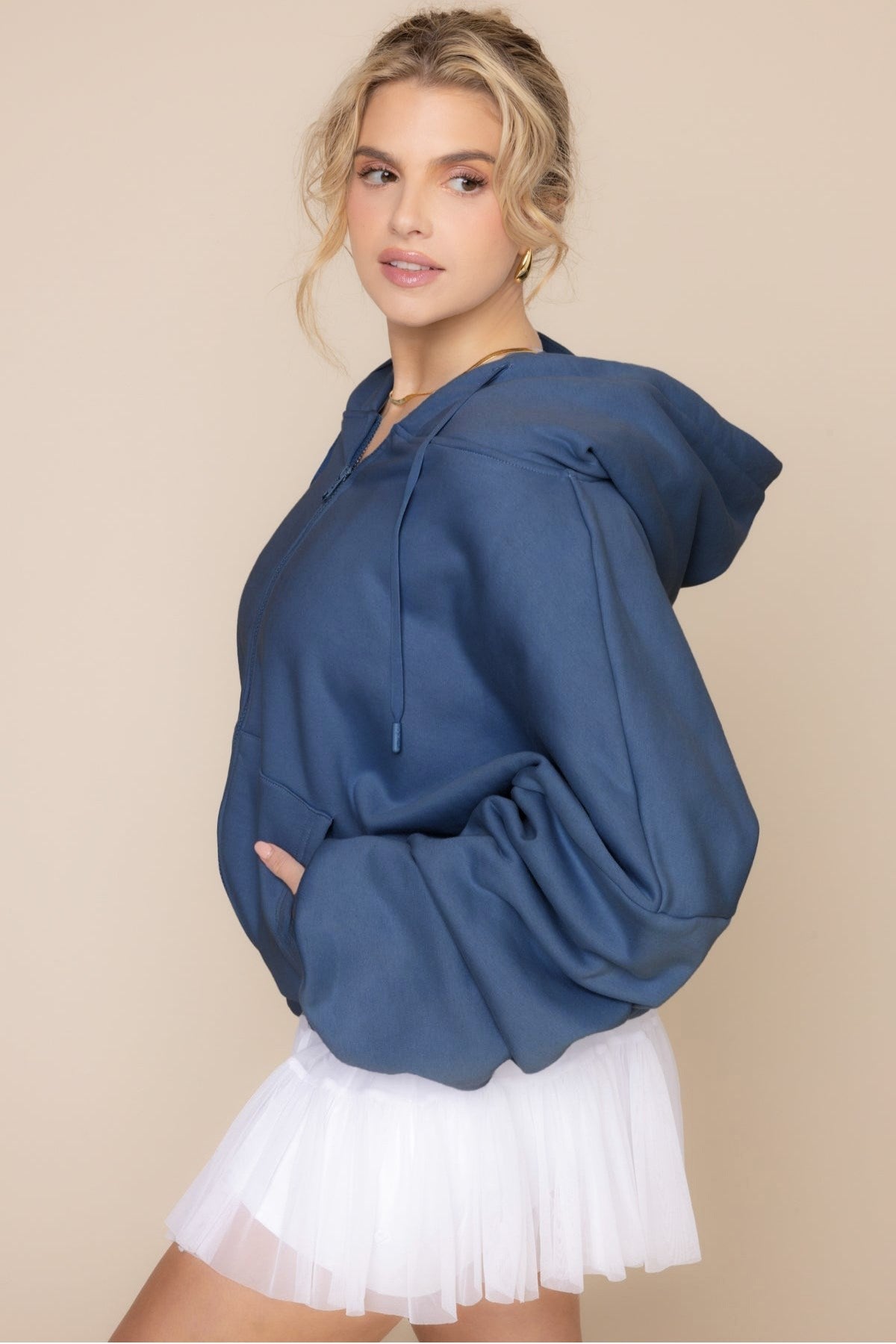 Kadın Koyu Mavi Kapüşonlu Sweatshirt Fermuarlı 3 İplik Şardonlu Oversize Kesim