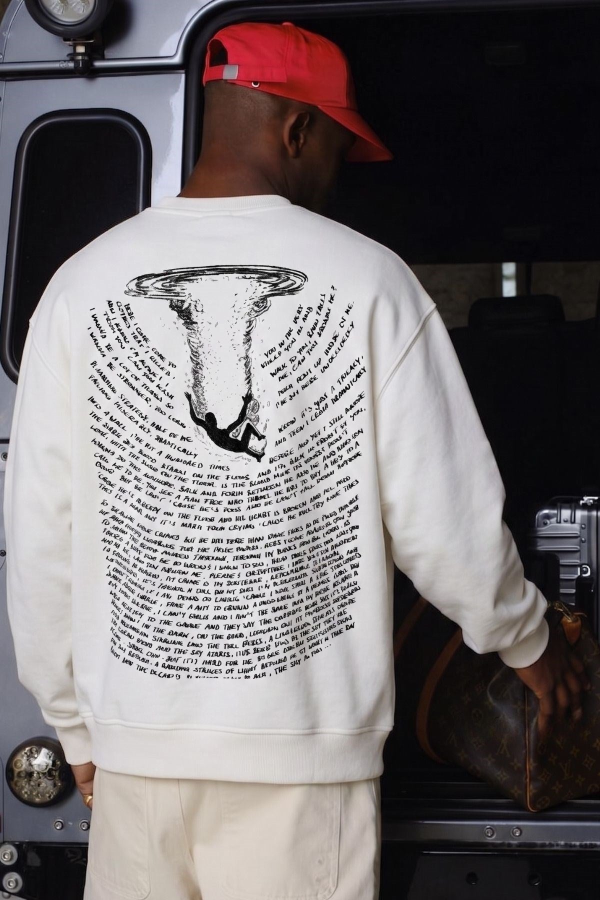 Erkek Oversize Sweatshirt Abyss Baskılı Beyaz – Bisiklet Yaka, 3 İplik Şardonlu Polar