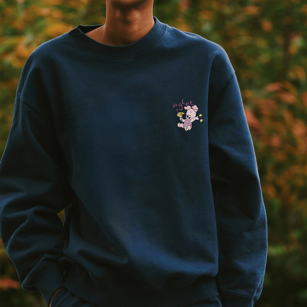 Kadın Oversize Sweatshirt Piglet Bloom Baskılı Lacivert – Bisiklet Yaka, 3 İplik Şardonlu Polar