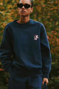 Kadın Oversize Sweatshirt Piglet Bloom Baskılı Lacivert – Bisiklet Yaka, 3 İplik Şardonlu Polar