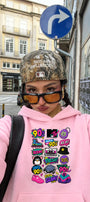 Kadın Oversize Hoodie Sweatshirt 90s Pop Patch Baskılı Pembe – Kapüşonlu, Kanguru Cepli, 3 İplik 