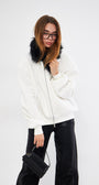 Beyaz Kapüşonlu Kürklü Fermuarlı Pamuklu Kadın Sweatshirt Hoodie