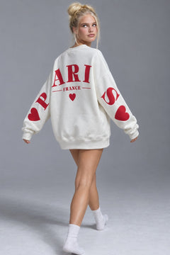 Kadın Oversize Sweatshirt Paris 3D Baskılı Beyaz – Bisiklet Yaka, Kol ve Sırt Baskılı, 3 İplik
