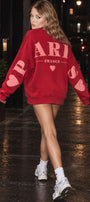 Kadın Oversize Sweatshirt Paris 3D Baskılı Kırmızı – Bisiklet Yaka, Kol ve Sırt Baskılı, 3 İplik