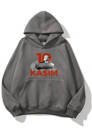 Kapüşonlu İçi Polar Kemal Atatürk 10 Kasım Baskılı Füme Unisex Hoodie Sweatshirt