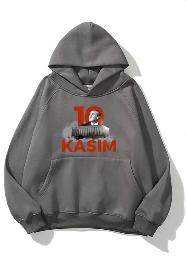 Kapüşonlu İçi Polar Kemal Atatürk 10 Kasım Baskılı Füme Unisex Hoodie Sweatshirt