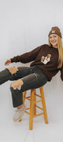 Kadın Oversize Sweatshirt Quiet Club 3D Baskılı Kahverengi – Bisiklet Yaka, 3 İplik Şardonlu Polar