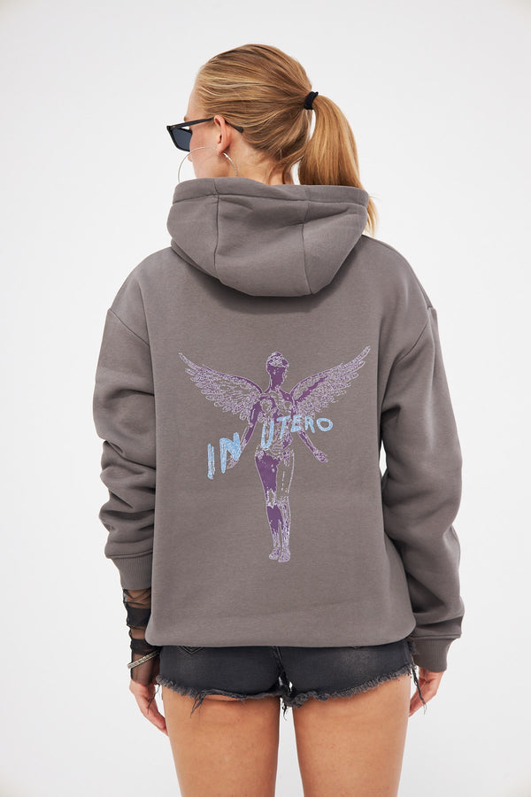 Füme Kapüşonlu İçi Polar Nirvana İn Utero Baskılı Unisex Hoodie Sweatshirt