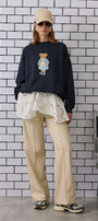 Kadın Oversize Sweatshirt Preppy Girl Bear Baskılı Lacivert – Bisiklet Yaka, 3 İplik Şardonlu Polar