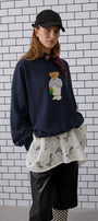 Kadın Oversize Sweatshirt City Club Bear Baskılı Lacivert – Bisiklet Yaka, 3 İplik Şardonlu Polar