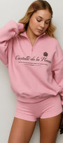 Kadın Pembe Castelló de la Plana Baskılı Fermuarlı Oversize Sweatshirt – Yarım Balıkçı Yaka, Rahat Günlük Spor Üst