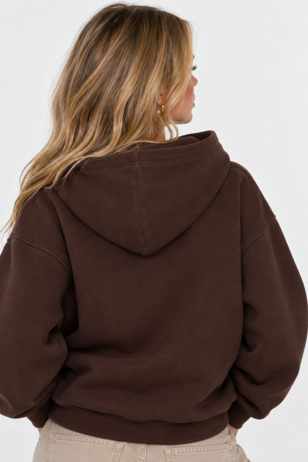Kadın Oversize Hoodie Amore Baskılı Kahverengi – Kapüşonlu, Kanguru Cepli, 3 İplik Şardonlu Polar