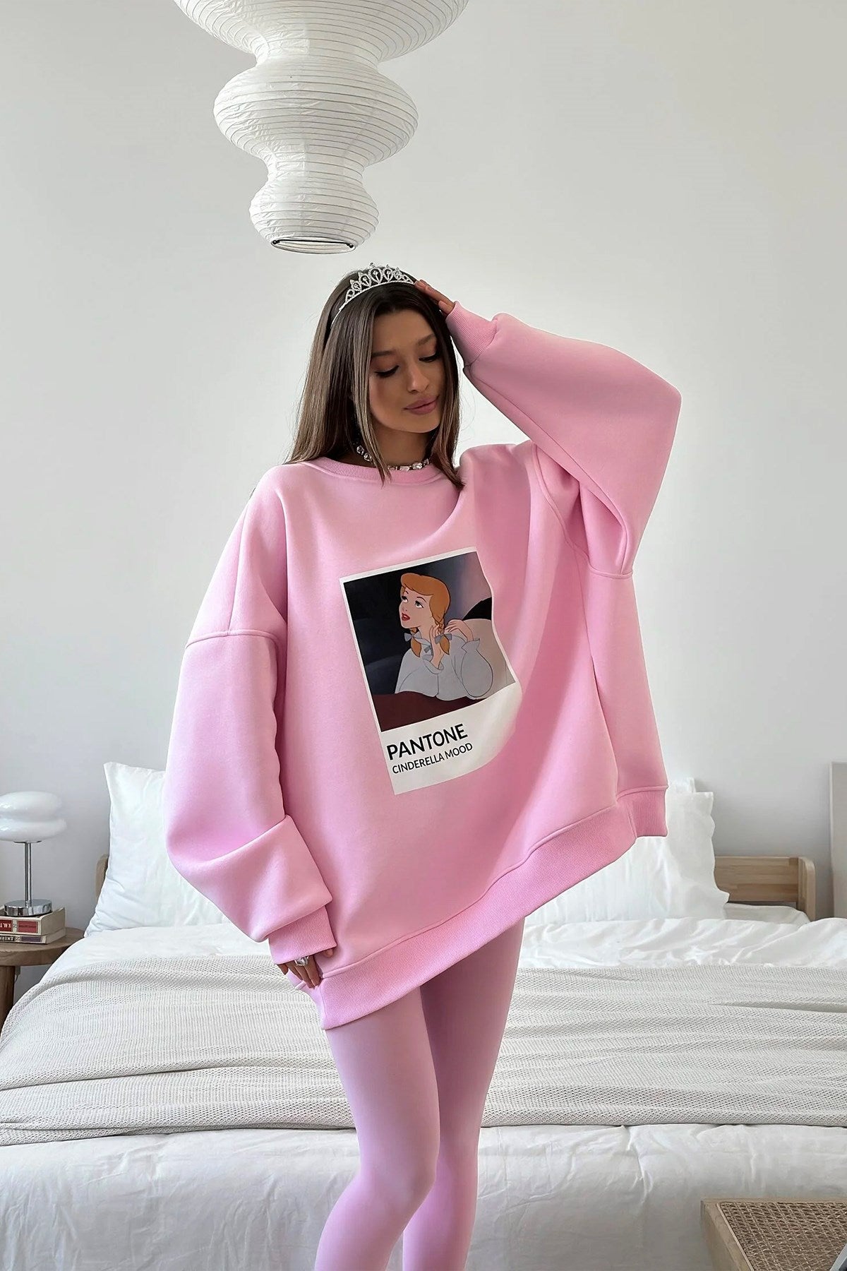 Kadın Oversize Sweat Elbise Pembe – 3 İplik Şardonlu , Bisiklet Yaka, Pantone – prenses baskılı