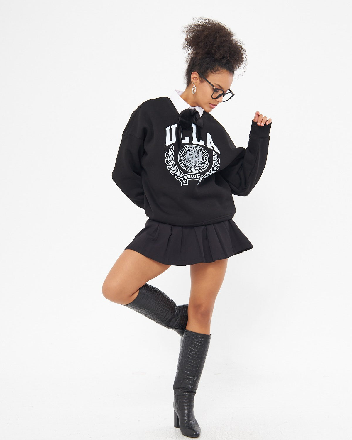 Ucla Yazı Baskılı Bisiklet Yaka İçi Polar Oversize Kesim Unisex Siyah Sweatshirt
