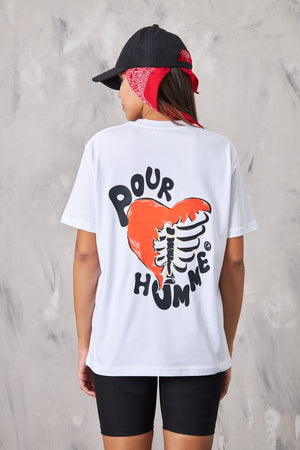 The Champ Pour Humme Yazılı Kalp İskelet Tasarım Baskılı Oversize Beyaz Kadın T-Shirt