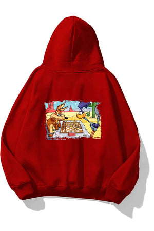 Kapüşonlu İçi Polar Satranç Cartoon Baskılı Kırmızı Unisex Oversize Hoodie Sweatshirt