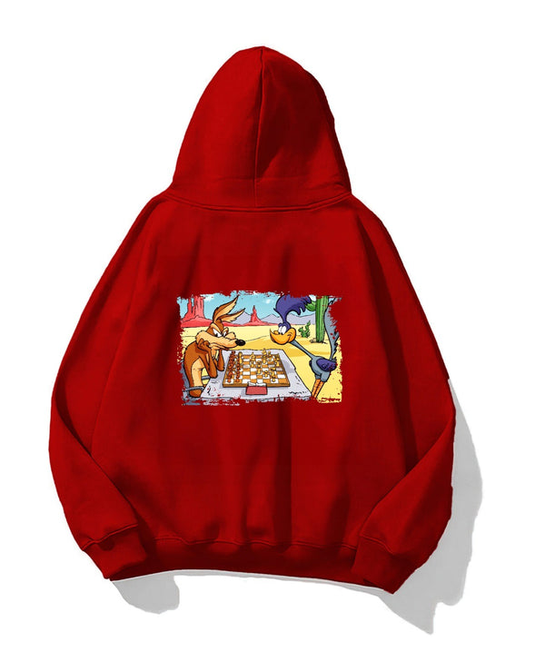 Kapüşonlu İçi Polar Satranç Cartoon Baskılı Kırmızı Unisex Oversize Hoodie Sweatshirt